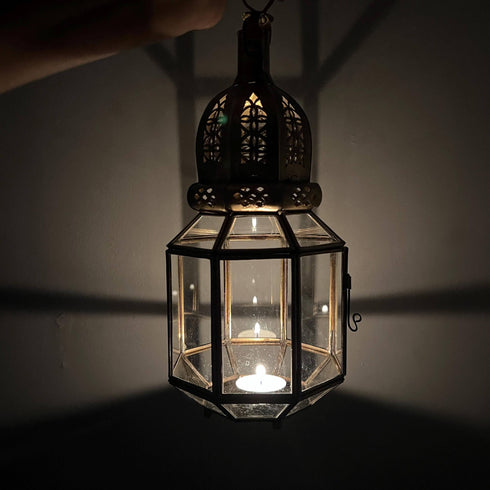 Standing Moroccan Brass Lantern with Clear Glass (CL 1007)